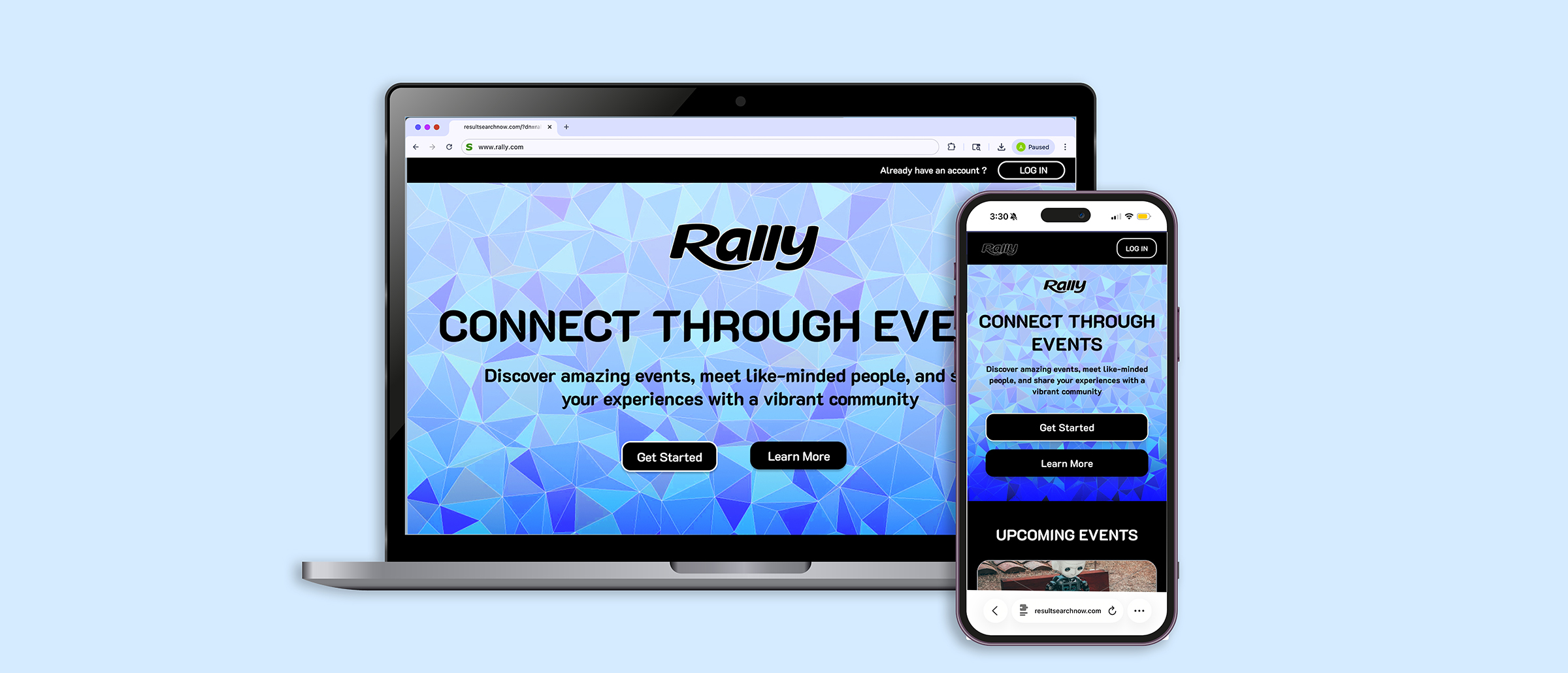 Rally event app desktop and mobile hero mockup