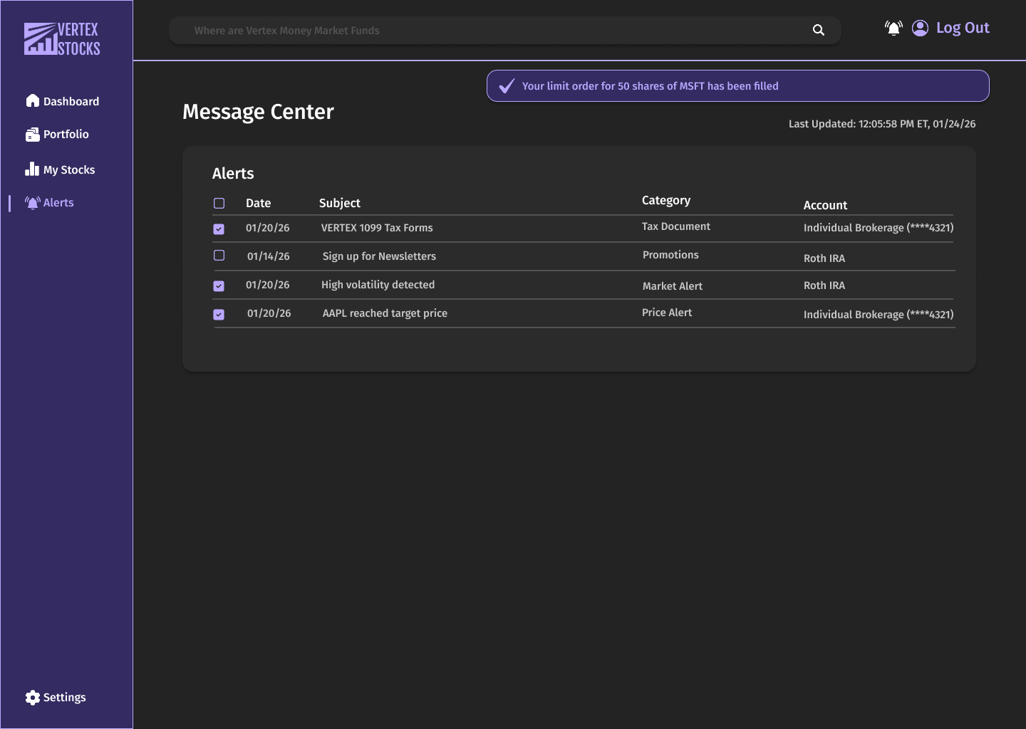 Vertex Stocks dark mode alerts page