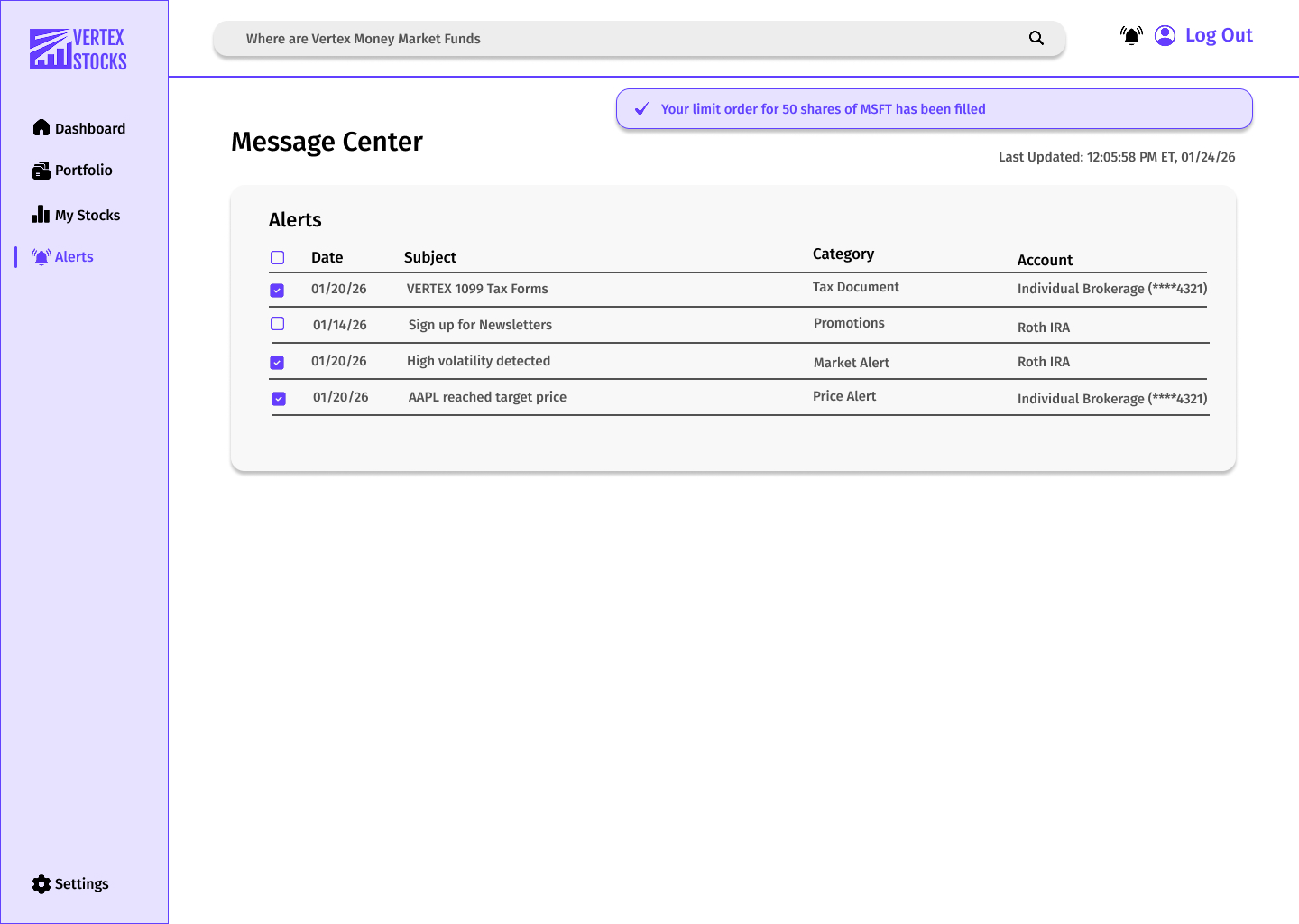 Vertex Stocks light mode alerts page