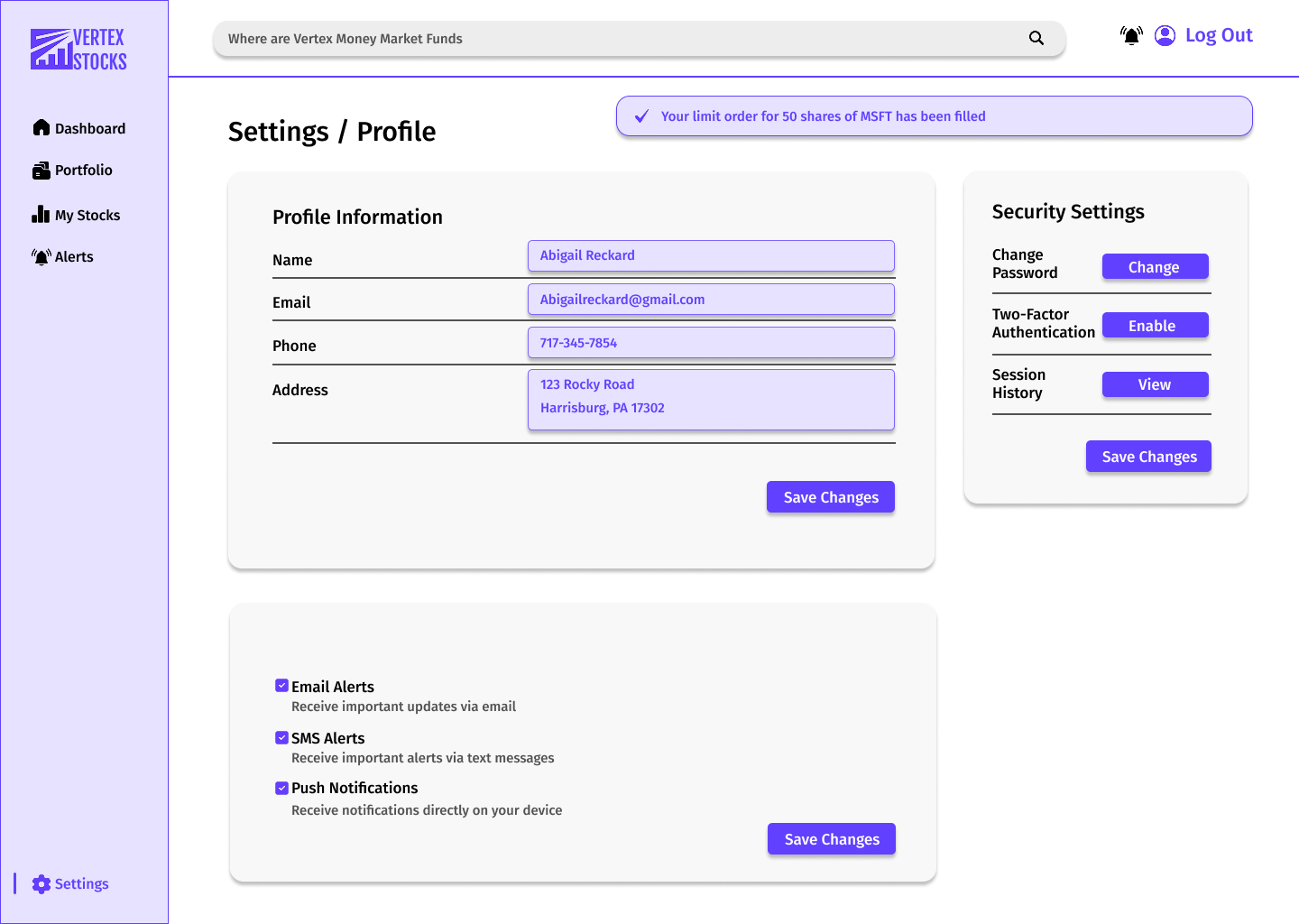 Vertex Stocks light mode settings page